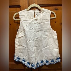 J. Crew Factory White Sleeveless Blouse with Navy Embroidery